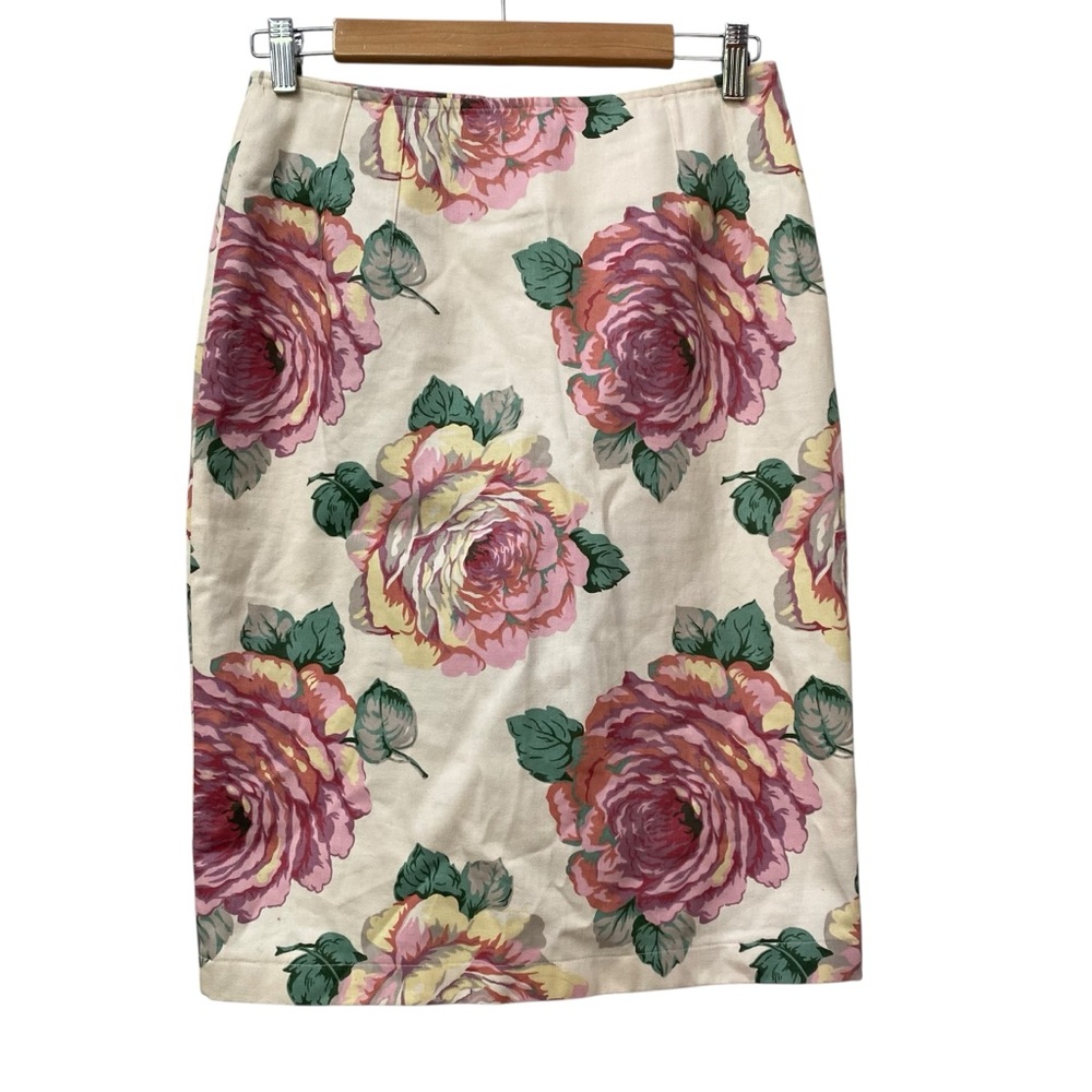 Vintage 80s Forenza Floral Pencil Skirt Roses Pink Green Yellow Ivory sz M 10 - Picture 1 of 7